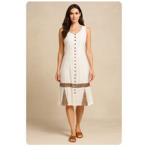 Raya Sun Dress White Summer Embroidered Animal Print Trim Womens Size S